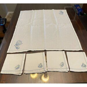 Vintage Handmade Small Square Tablecloth and 4 Napkins Used Teacups 5 Piece